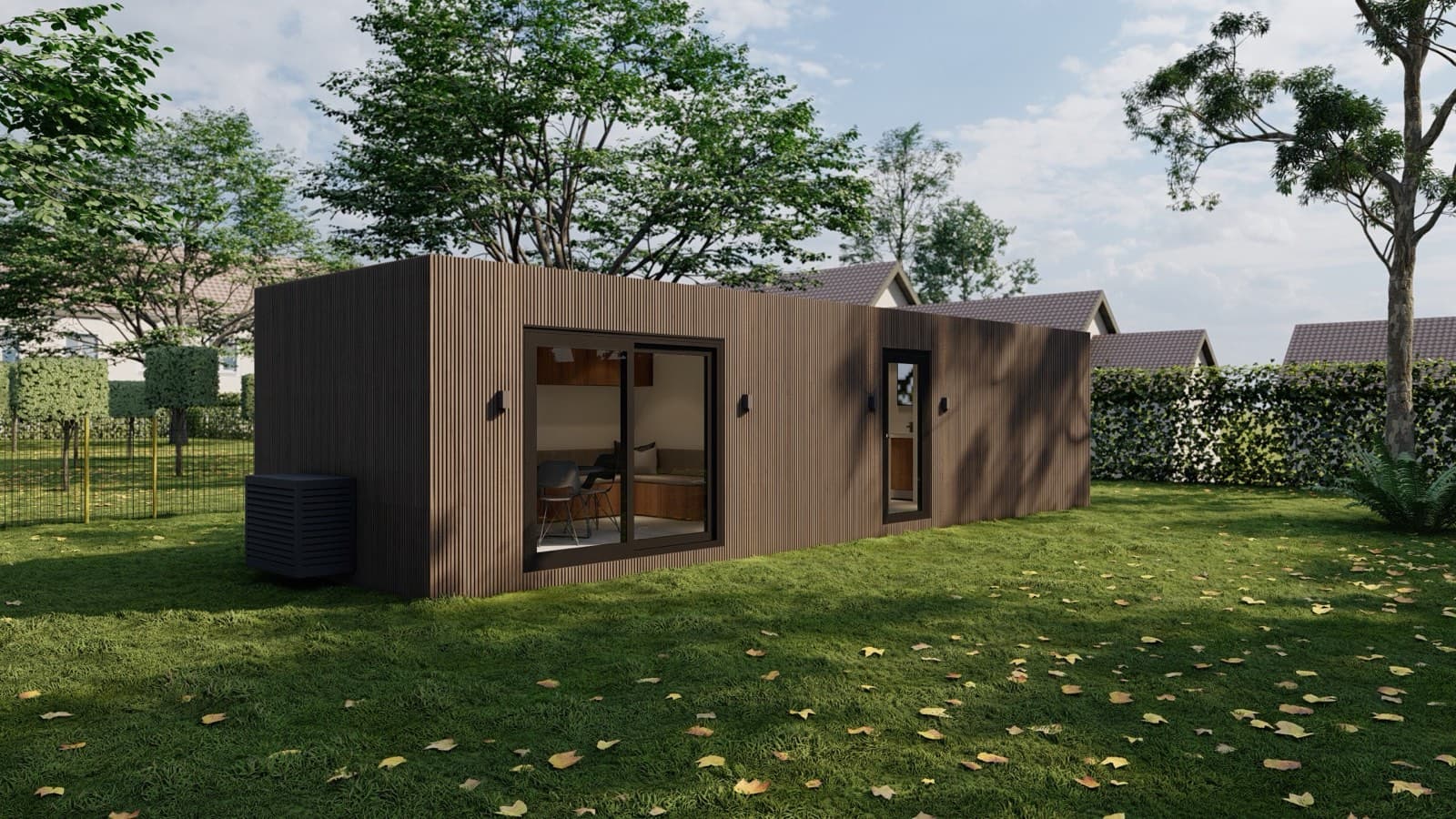 Moderne prefab mantelzorgwoning tussen het groen in een tuin
